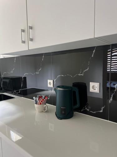 a kitchen counter with a trash can on a wall at Apartment Lana Vareš in Vareš
