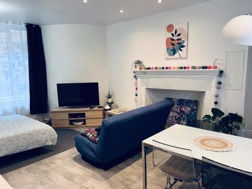 a living room with a blue couch and a fireplace at Studio Riom de Coeur in Riom