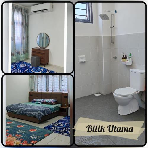 two pictures of a bathroom with a bed and a toilet at Homestay D' Bertam Apisuzie in Kampong Alor
