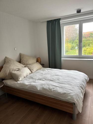 a bedroom with a large bed with a window at Ferienwohnung in Merzig City an der Saar in Merzig