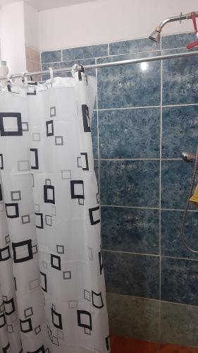 a bathroom with a shower with a white shower curtain at Mini Apartamento acogedor in Miraflores