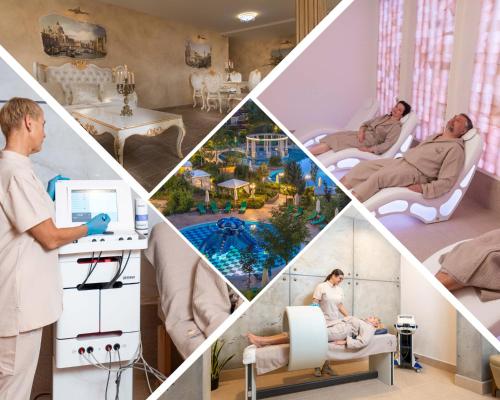 Un collage de fotos de un médico en una habitación de hospital. en Poseidon VIP Residence Club Balneo & SPA Resort, en Nesebar