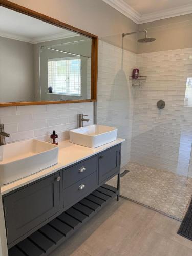 a bathroom with a sink and a mirror and a shower at 1 Diadem in Plettenberg Bay
