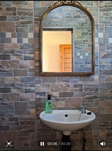 a bathroom with a sink and a mirror at Cosy Beds Web in eMalahleni