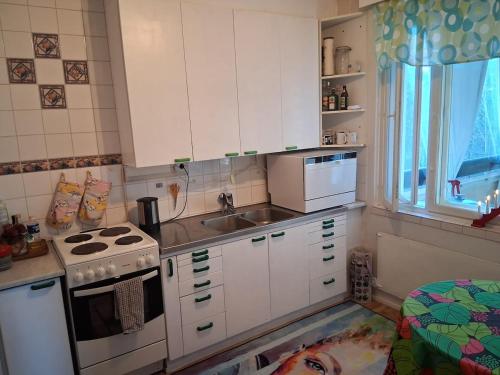 Una pequeña cocina con fregadero y estufa. en Cozy and family friendly apartment, en Rovaniemi