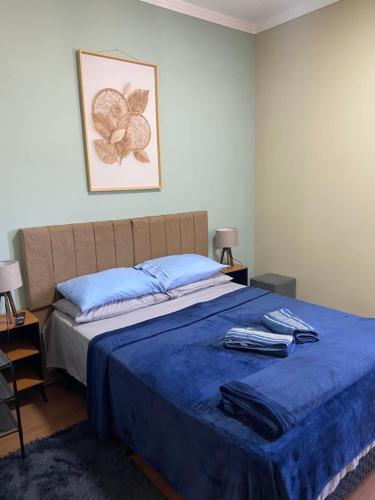 une chambre avec un lit avec des draps bleus et un tableau sur le mur dans l'établissement Duas Suites aconchegantes em frente a Montanha, à Poços de Caldas