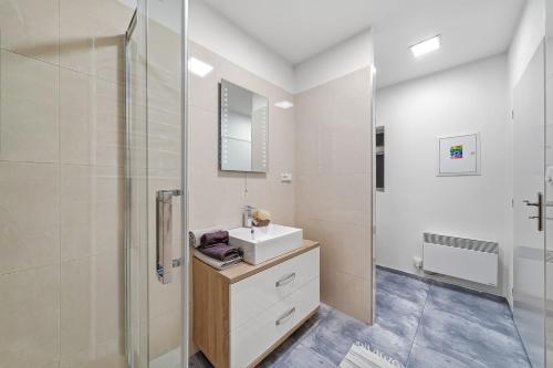 a bathroom with a sink and a shower at Apartmán U Zlaté hroudy in Zlaté Hory