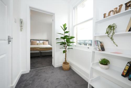 a hallway with white walls and a window and a plant at 1B Lime Street in Bedford