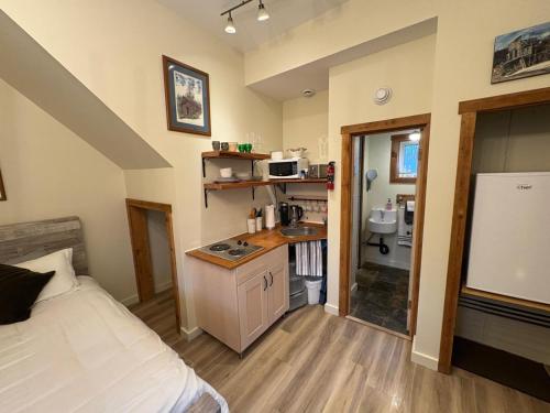 a bedroom with a bed and a kitchen with a sink at Located in Downtown Whitehorse - Basekamp in Whitehorse