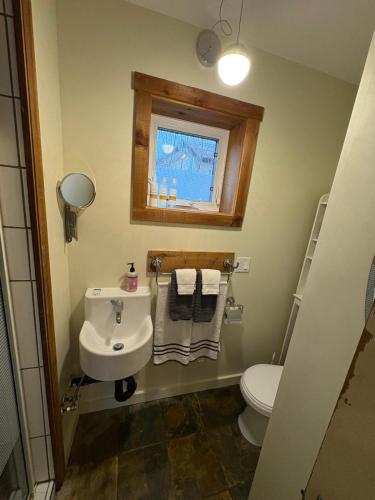 a bathroom with a sink and a toilet and a window at Located in Downtown Whitehorse - Basekamp in Whitehorse