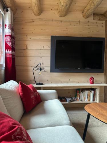 a living room with a couch and a flat screen tv at Chalet des balcons in Saint-Michel-de-Maurienne
