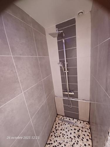a bathroom with a shower with a tiled wall at La madeleine in Caussade