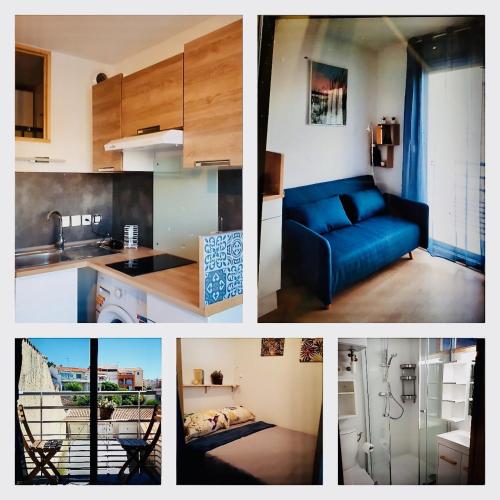 Un collage de fotografías de una cocina y una sala de estar. en Le Balcon du Soleil studio climatisé Wifi coin nuit lit douillet proche cure et étang, en Balaruc-les-Bains