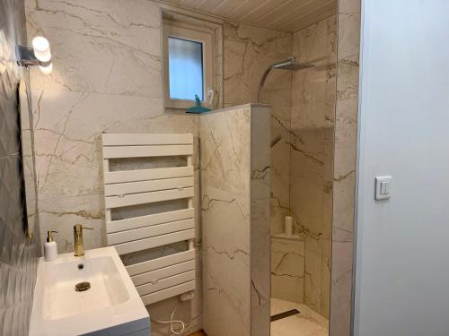 a bathroom with a sink and a shower at L'Abalone 3 Étoiles in Aizenay