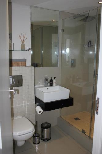 ein Badezimmer mit Waschbecken, Toilette und Spiegel in der Unterkunft Luxurious 3-bedroom Bloubergstrand Cape Town beachfront apartment with stunning sea and beach view in Cape Town