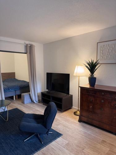 TV a/nebo společenská místnost v ubytování Appartement cosy rez de jardin Kaligone