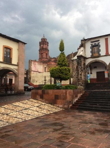 a building with a tree in the middle of a street at Hotel Plaza Mayor in Tlalpujahua de Rayón