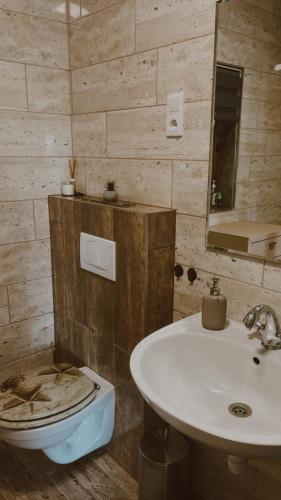 a bathroom with a toilet and a sink at Varázskuckó Apartman in Sümeg