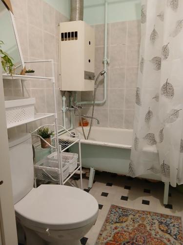 um banheiro com vaso sanitário e banheira em Уютный уголок em Narva