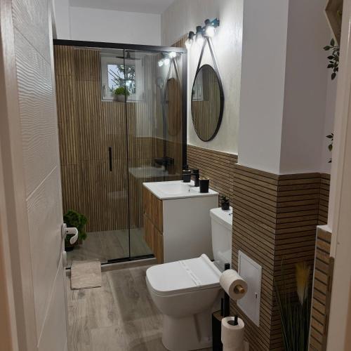 a bathroom with a toilet and a sink and a mirror at Yan Home Studio in Predeal
