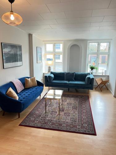 a living room with a blue couch and a rug at Spacious Apartment Near City & Åløkke Forest in Odense