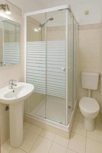 a bathroom with a shower and a toilet and a sink at Lagos Central Suite DBV Guesthouse in Lagos