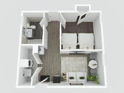 a rendering of a floor plan at A Charming Modern Chic Basement Apartment in Chicago