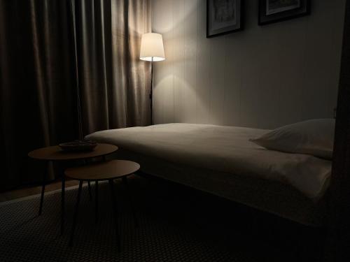 a bedroom with a bed and a table with a lamp at Feels like home in Visaginas