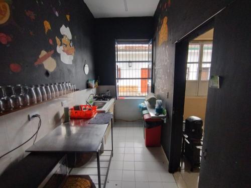 a kitchen with a counter and a sink in it at Lienzo Hostel and Mural Art Museum in Popayan