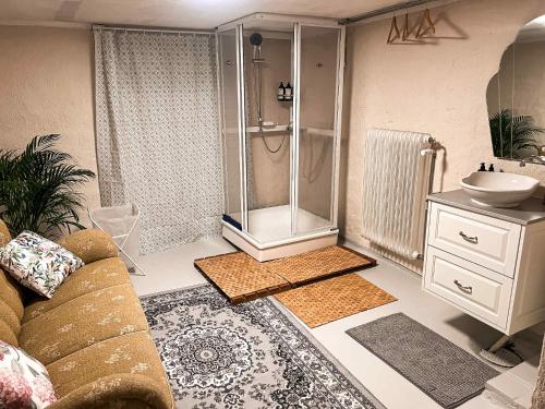 a living room with a shower and a couch at Daisy's Home Vimmerby in Vimmerby