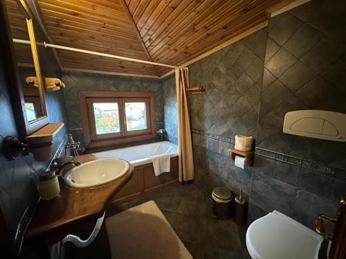 a bathroom with a sink and a bath tub at Villa TIANA Bansko 7-Bedroom Luxury Chalet in Bansko