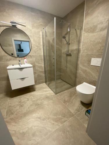 a bathroom with a shower and a sink and a toilet at Center Apartment in Ivanka pri Nitre