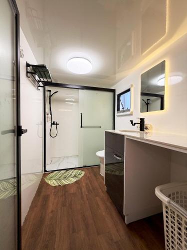 a bathroom with a shower and a toilet and a sink at Top Hill House in Otuhi