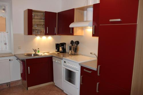 ピルナにあるApartment Hornのキッチン(赤いキャビネット、シンク付)