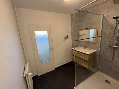 Un baño con ducha de cristal y lavabo. en Grand appartement lumineux, en Beauvais