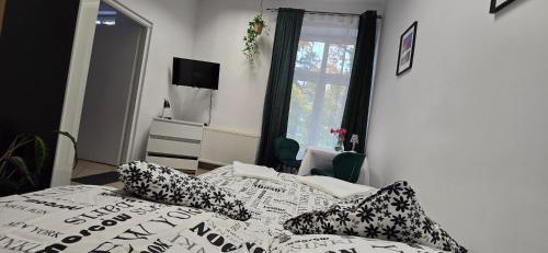 a bedroom with a bed and a window at Strefa Zen pokoje z klimatem przy parku. in Jelenia Góra