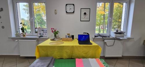a room with a table with a laptop on it at Strefa Zen pokoje z klimatem przy parku. in Jelenia Góra