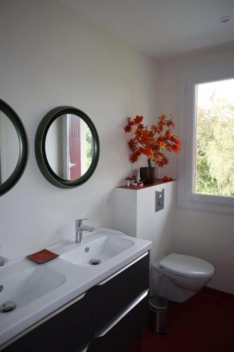 a bathroom with a sink and a toilet and a mirror at Chambres tout confort Les Berlingots in Monistrol-sur-Loire