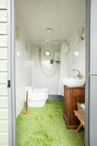 a bathroom with a toilet and a sink at Orchard View Shepherds Hut in Henfield