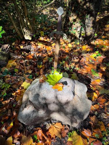 a knife on a rock in a pile of leaves at The Miners Log Cabin in Blaina