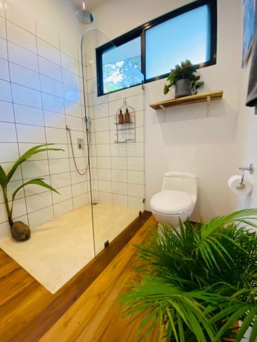 a bathroom with a toilet and a glass shower at River Lodge - a Luxurious Hideway in the Jungle in Uvita