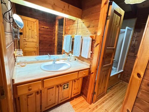 ein Badezimmer mit Waschbecken und Spiegel in der Unterkunft Chalé do Pinheiro in Vila Nova de Cerveira