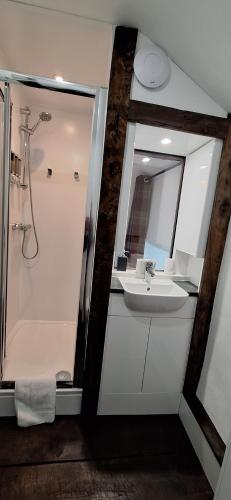 a bathroom with a shower and a sink and a mirror at 2 Double Bed Cottage Hottub Lake District Keswick in Keswick