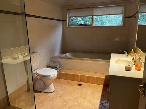 a bathroom with a tub and a toilet and a sink at Dreamtime Bay 