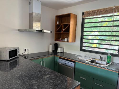 cocina con armarios verdes, fregadero y ventana en Zen escape-ocean view Papeete, en Papeete