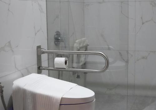 a white bathroom with a toilet and a shower at فندق جراند جرين in Jazan