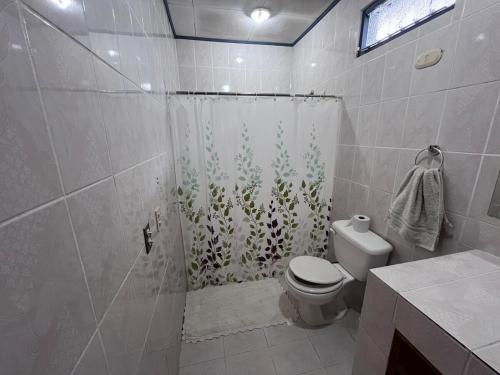 a bathroom with a shower with a toilet and a shower curtain at Apartment near the Río Niño in Upala