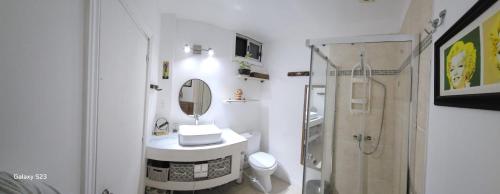 een badkamer met een wastafel en een spiegel en een douche bij El patio de rosy in Maldonado