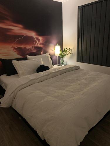 a bedroom with a large bed with a cat laying on it at Serenity stay in Perth