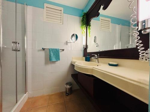 a bathroom with a sink and a shower with a mirror at DESIRADE 18 sainte luce in Sainte-Luce